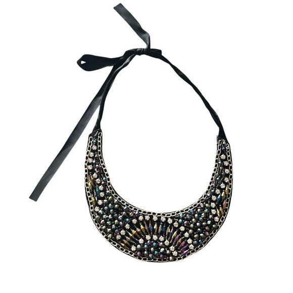 Vintage Beaded Rhinestones and Chains Bib Necklace Statement Glam Goth - Picture 1 of 5